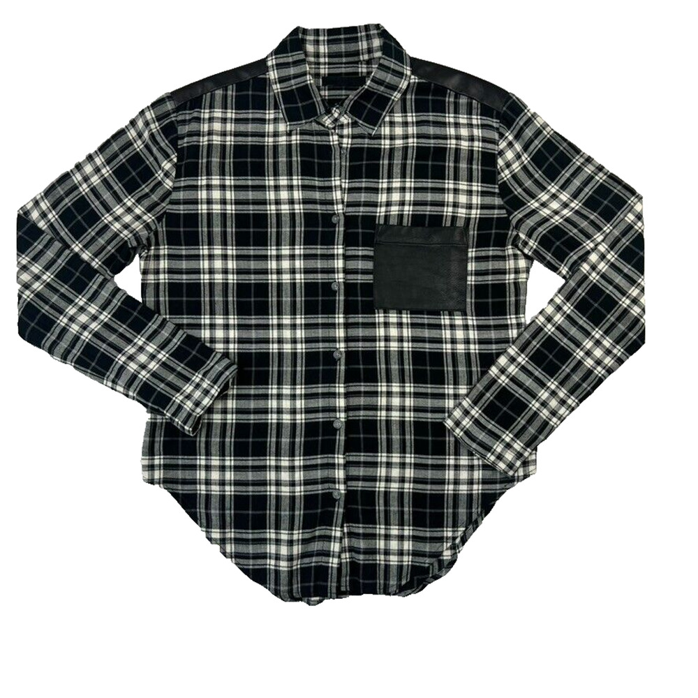 10 Corso Shirt Womens Large Black White Lamb Leather Pocket and Yoke Plaid